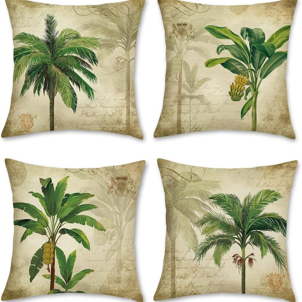 Tropical Palm Tree Throw Pillow Covers 18 x 18 Inch Set of 4 Vintage Green Decor